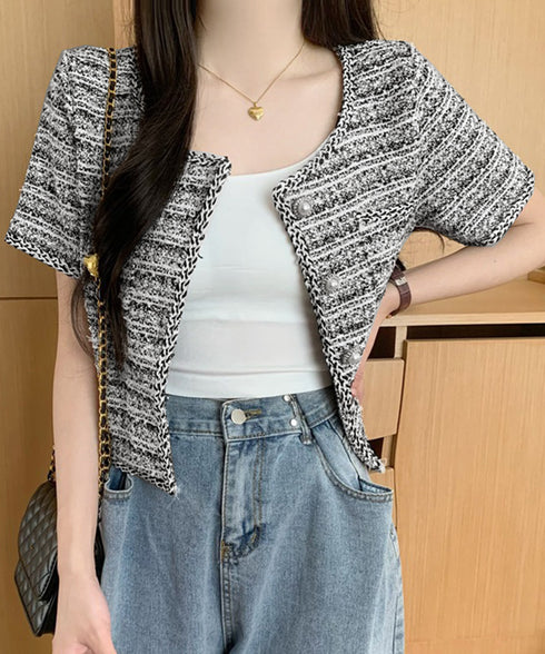 ツイード風ジャケットノーカラージャケット レディース パールボタン オフィス夏服 ショート丈アウター フォーマル カーディガン きれいめ羽織り サマージャケット夏 86SSJL-022